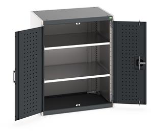 Heavy Duty Bott cubio cupboard with perfo panel lined hinged doors. 800mm wide x 650mm deep x 1000mm high with 2 x100kg capacity shelves.... Bott Tool Storage Cupboards for workshops with Shelves and or Perfo Doors